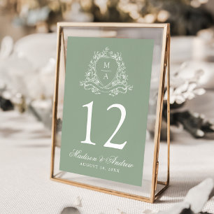 Numeração De Mesa Elegante Monograma de Crista Floral em Verde Sage 