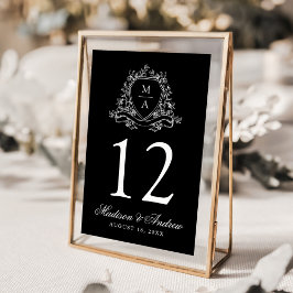 Numeração De Mesa Elegante Monograma de Crista Floral Preta de Casam