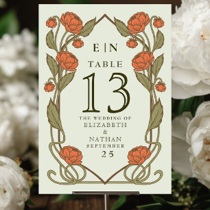 Numeração De Mesa Elegante Peônia Coral Art Nouveau Floral Casamento