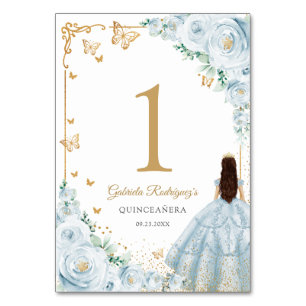 Numeração De Mesa Elegante Quinceanera Azul Bebê Dourado Chic