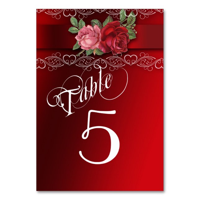 Numeração De Mesa Elegante Renda, Rosas Vermelhas e Rosas (Frente)