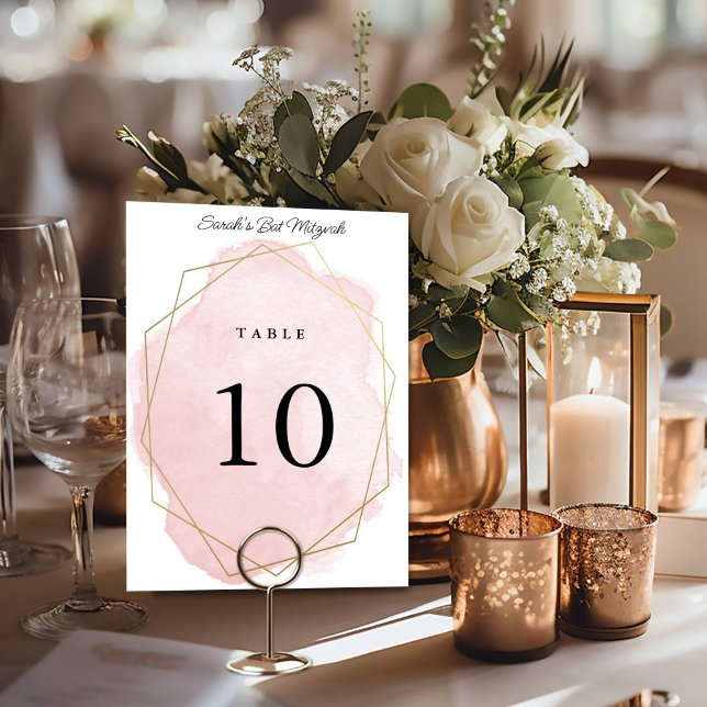 Numeração De Mesa Elegante Rosa Aquarela Bat Mitzvah Personalizada (Criador carregado)
