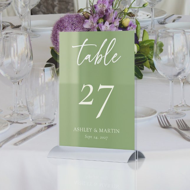 Numeração De Mesa Elegante Sage Green com Casamento de Ivory Script (Elegant Sage Green with Ivory Script Personalized Wedding Table Number)