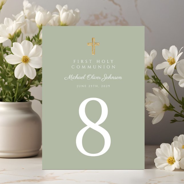 Numeração De Mesa Elegante Sage Green Cross Boy Primeira Comunhão (Elegant Sage Green Cross Boy First Communion Table Number)
