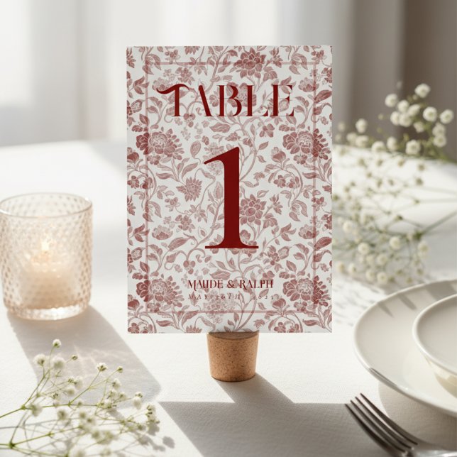 Numeração De Mesa Elegante Toile Floral Script Casamento Vermelho  (Guide guests to their seats using these Elegant Floral Toile Script Red Wedding Table Number! )