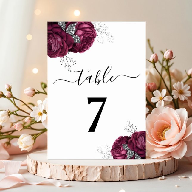 Numeração De Mesa Elegantes Peônias Florais Burgundy (Elegant Navy Blue Floral Table Number)
