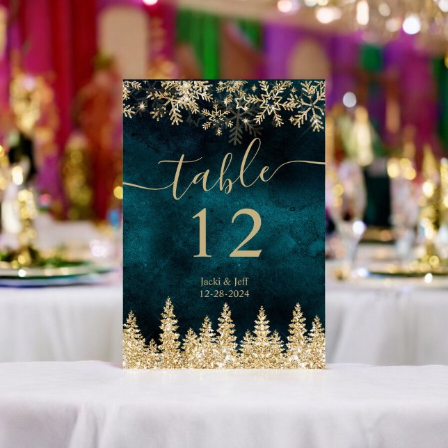 Numeração De Mesa Escrito chic Dourado e Teal Winter Christmas (Elegant chic script Gold and Teal Winter Christmas Table Number)