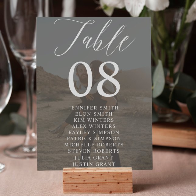 Numeração De Mesa Escrito preto moderno com nomes de fotos (Modern black white script names photos wedding table number)