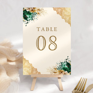 Numeração De Mesa Esmeralda Floral Dourado Renda Creme Casamento
