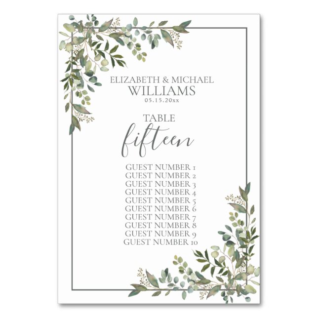 Numeração De Mesa Eucalyptus Botanic Sage Nomes de Convidados Verdes (Frente)