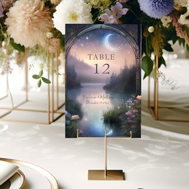 Numeração De Mesa Fantasy Moonlit Lake Forest Floral Wedding (Criador carregado)