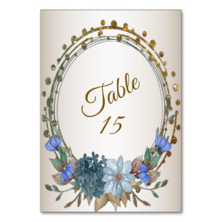 Numeração De Mesa Festa de Casamento Azul Floral Geométrico Dourado