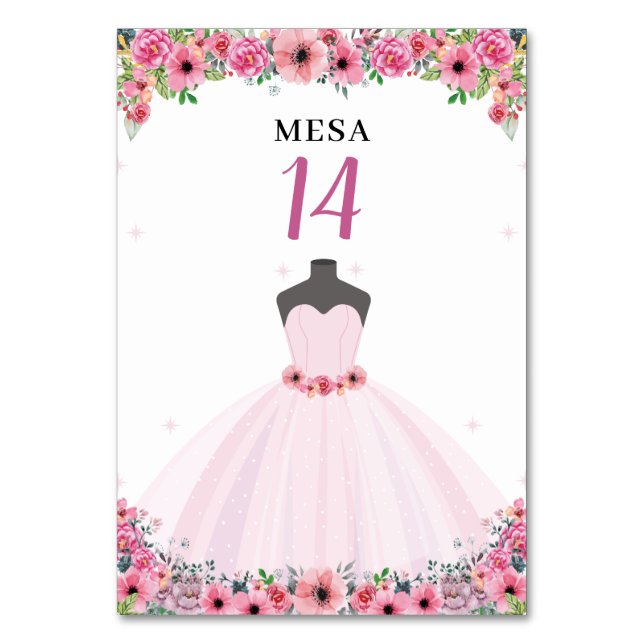 Numeração De Mesa Festa de Vestido de Quinceanera Floral Rosa (Frente)