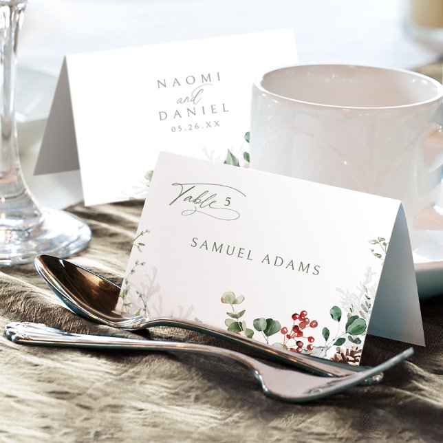 Numeração De Mesa Festive Floral Winter Wedding Foldable Place Card (Festive Floral Winter Wedding Foldable Place Card)