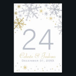 Numeração De Mesa Floco de Neve de Casamento de Inverno Monograma Do<br><div class="desc">Delicados flocos de neve prateados e dourados flutuam através deste elegante cartão de número de mesa de casamento de inverno. Os nomes do casal e a data do casamento são exibidos em caligrafia refinada para um design de monograma sazonal perfeito para celebrações de feriados e inverno. Os nomes do casal,...</div>