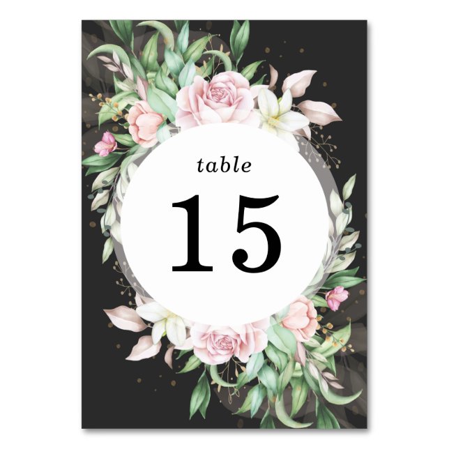 Numeração De Mesa Floral a Preto e Rosa de Casamento (Frente)