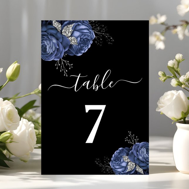 Numeração De Mesa Floral Azul Preto Elegante (Elegant Black Blue Floral Table Number)
