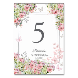 Numeração De Mesa Floral Bege Rosa e Verde Borboleta Quinceañera