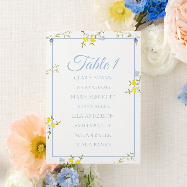 Numeração De Mesa Floral Blue & Yellow Wedding Seating Chart Card (Criador carregado)