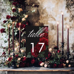 Numeração De Mesa Floral de Rosas vermelhas de sangue legante<br><div class="desc">Aproveite a elegância do eterno para a sua celebração inspirada em gótica com a nossa cativa carta de número da mesa de casamento. Um fundo preto suave proporciona a canvas perfeita para um buquê cativante, mas subestimado. Imaginem um arranjo de flores de rosa vermelha de sangue mudo, onde matizes vermelhos...</div>
