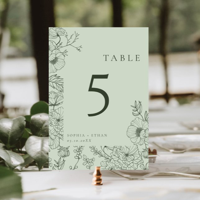 Numeração De Mesa Floral Line Art Sage Green Wedding (Criador carregado)