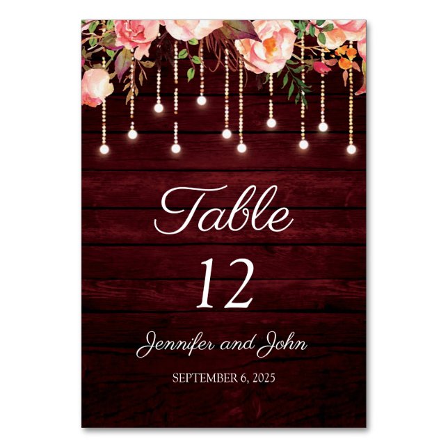 Numeração De Mesa Floral Maroon Wooden Rustic Wedding (Frente)