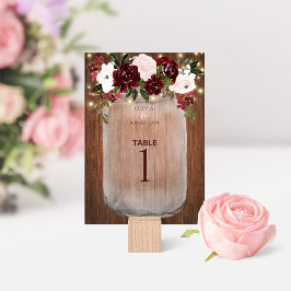Numeração De Mesa Floral Rustic Wood Burgundy Mason Jar Wedding
