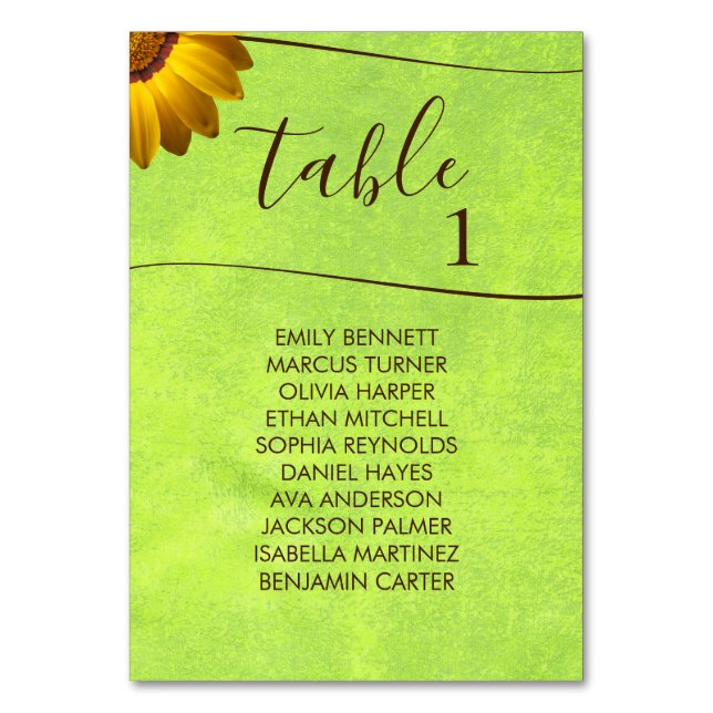 Numeração De Mesa Flores Amarelas em Casamento Verde Abstrato (Frente)