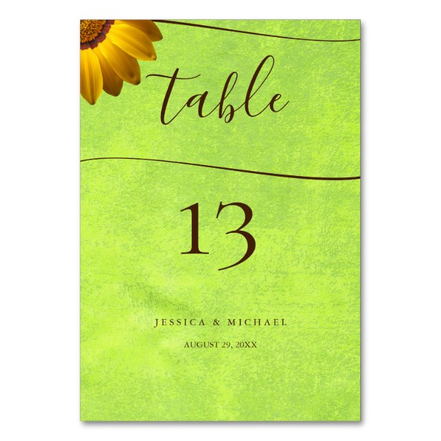 Numeração De Mesa Flores Amarelas no Casamento Verde Abstrato (Frente)