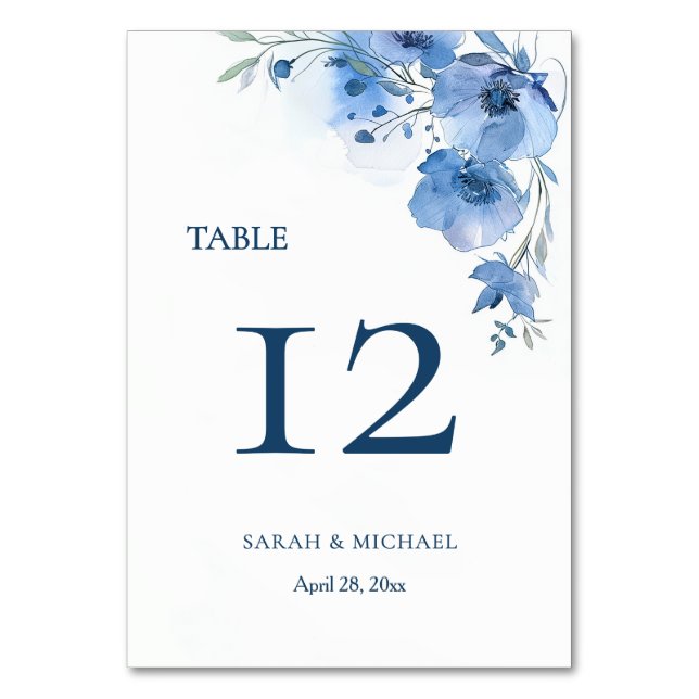 Numeração De Mesa Flores de Aquarela Azul  (Frente)