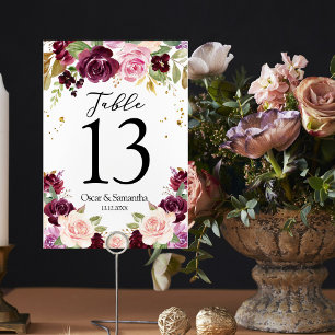 Numeração De Mesa Flores de Aquarela Moody & Rustic Burgundy e Folha