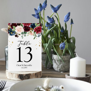 Numeração De Mesa Flores de Beleza Burgundy Naval Azul e Vermelho Rú