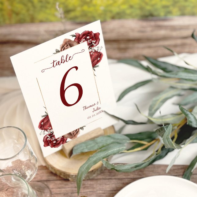 Numeração De Mesa Flores de Borgonha e Prata Elegantes (Elegant Burgundy & Silver Flowers Table Number)