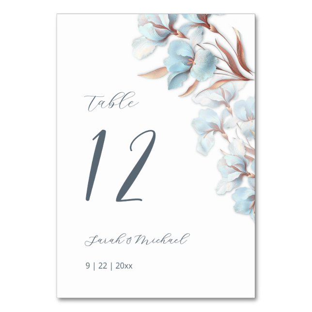 Numeração De Mesa Flores de Casamento Azuis em Camadas (Verso)