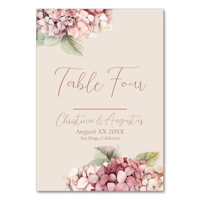 Numeração De Mesa Flores de Hortênsia Rosa Romântico e Rosado (Frente)