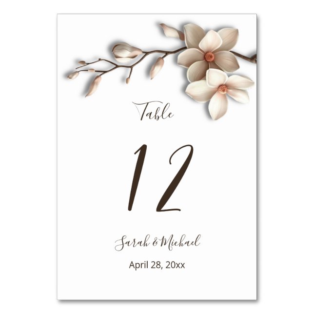 Numeração De Mesa Flores de Magnólia 3D Casamento Branco   (Frente)