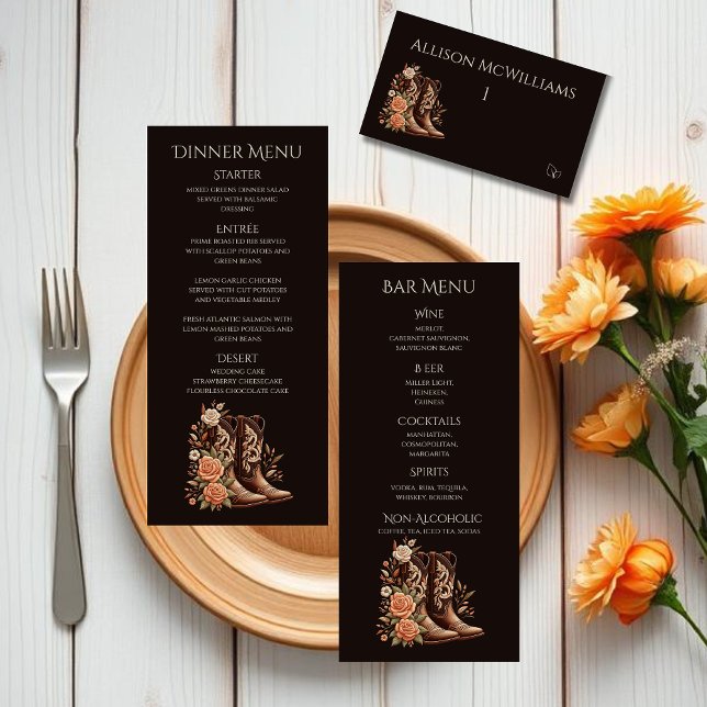 Numeração De Mesa Flores do País Ocidental- Boots do Vaqueiro-Vegeta (Country Western-Flowers with Cowboy Boots-Wedding Place Cards with Meal Icons)