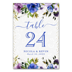 Numeração De Mesa Flores Roxas e Azuis de Aquarela Casamento