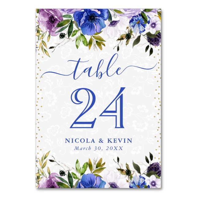 Numeração De Mesa Flores Roxas e Azuis de Aquarela Casamento (Frente)