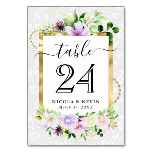 Numeração De Mesa Flores Roxas e Creme em Aquarela Casamento