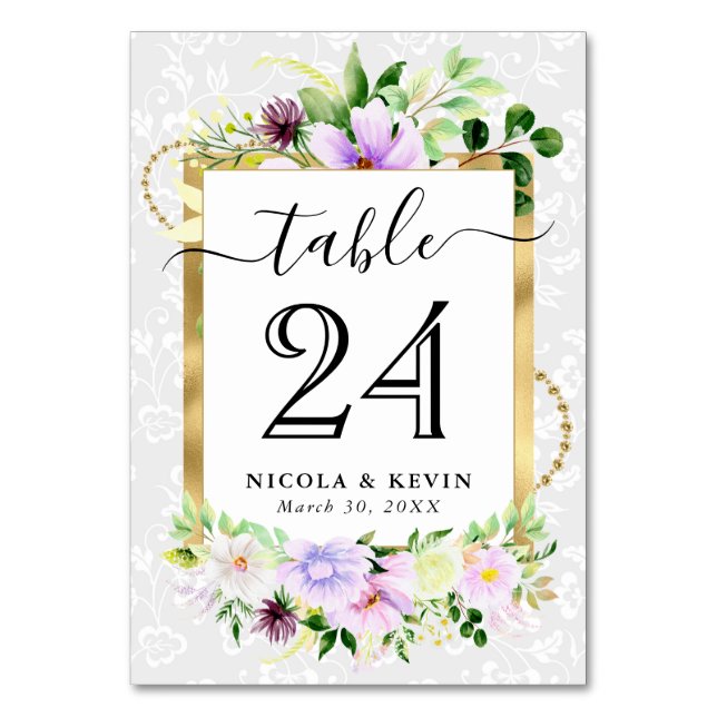 Numeração De Mesa Flores Roxas e Creme em Aquarela Casamento (Frente)