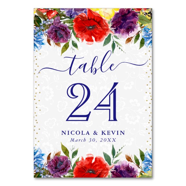Numeração De Mesa Flores Vermelhas e Azuis de Verão Casamento (Frente)