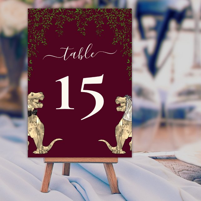 Numeração De Mesa Folhagem de Dinossauro Borgonha e Creme (Dinosaur wedding foliage burgundy and cream custom table number card elegant script T-Rex dino )