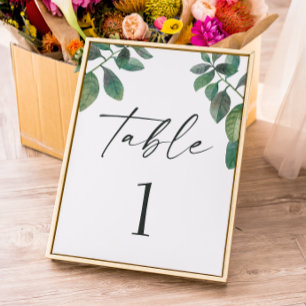 Numeração De Mesa Folhagem verde em aquarela. Casamento de escrita v