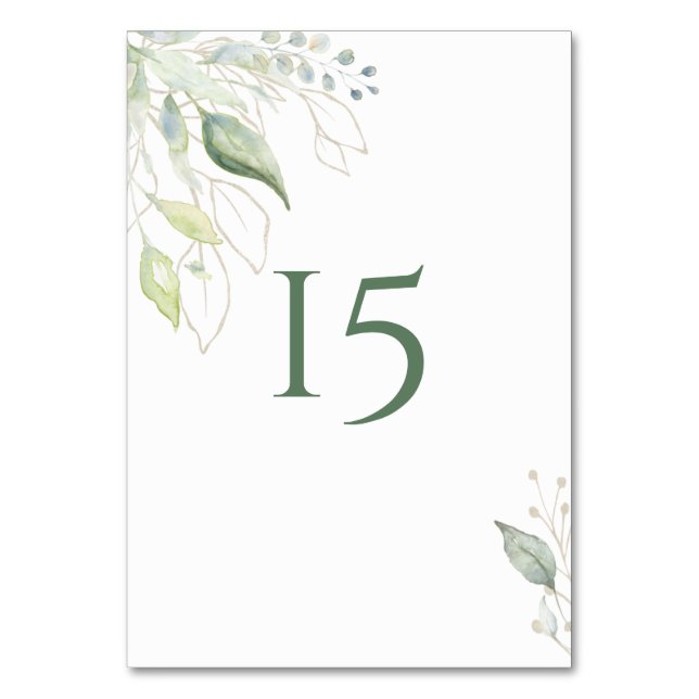 Numeração De Mesa Folhas Botânicas Greenery Gold Aquarela (Frente)