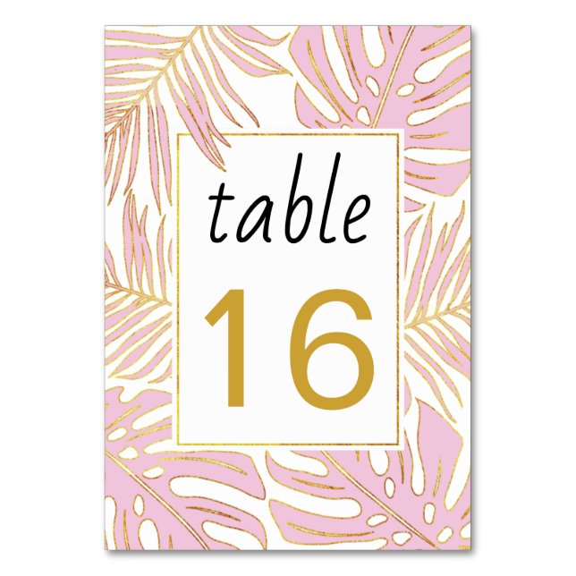 Numeração De Mesa Folhas cor-de-rosa tropicais com casamento em cont (Frente)