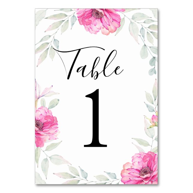 Numeração De Mesa Folhas de Aquarela Pintadas e Flores Rosa (Frente)