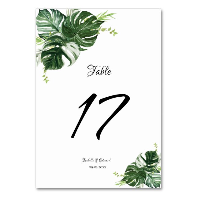 Numeração De Mesa Folhas Tropicais Verdes de Monstera Casamento (Frente)