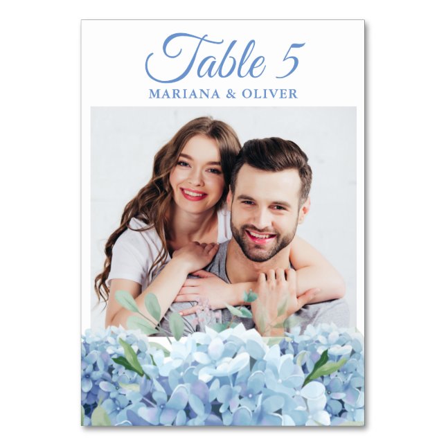 Numeração De Mesa Foto Blue Hydrangea Floral Wedding (Frente)
