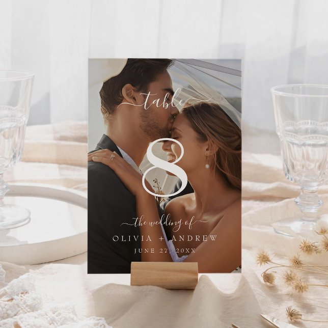 Numeração De Mesa Foto de Casamento de Caligrafia Clássica Elegante (Elegant Classic Calligraphy Wedding Photo Table Number)